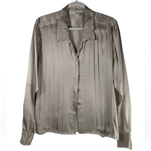 Paul Alexander Vintage 100% Silk Pleated Blouse Beaded Lace Collar Sz 8